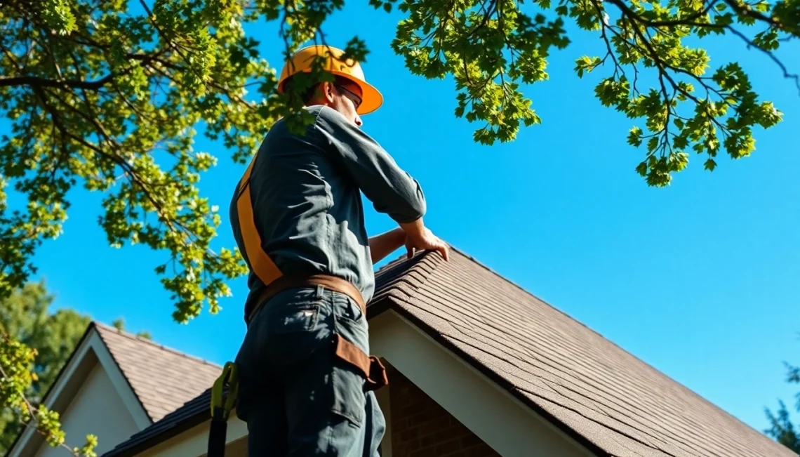 Offering reliable roofing services with a professional contractor examining a residential roof.