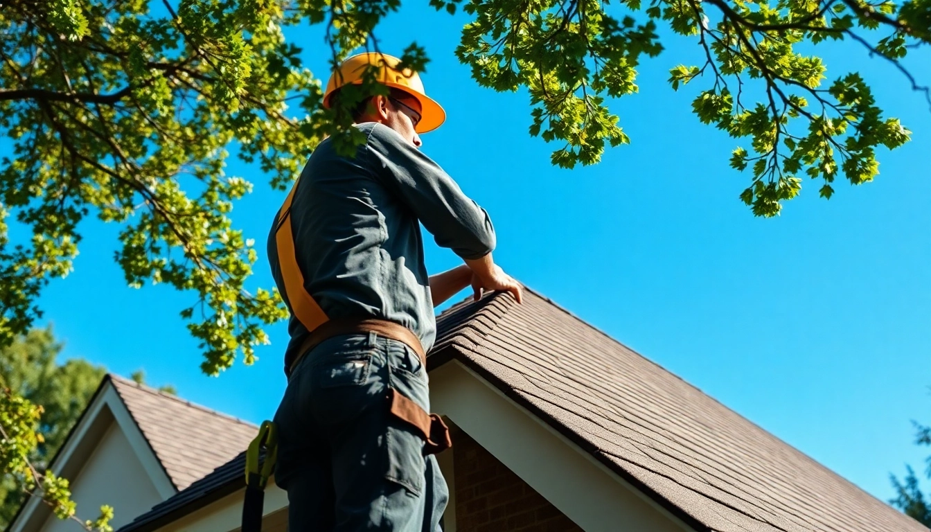 Offering reliable roofing services with a professional contractor examining a residential roof.