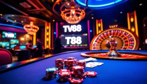 Experience vibrant gambling at TV88 with poker chips and roulette wheels in an online casino setting.