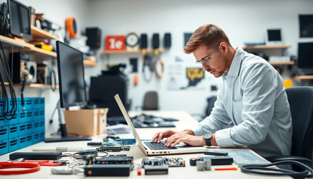 Expert technician conducting computer repair on a laptop at a professional workspace.