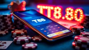 Engaging TT88 online gaming interface showcasing poker chips and cards in a vibrant environment.