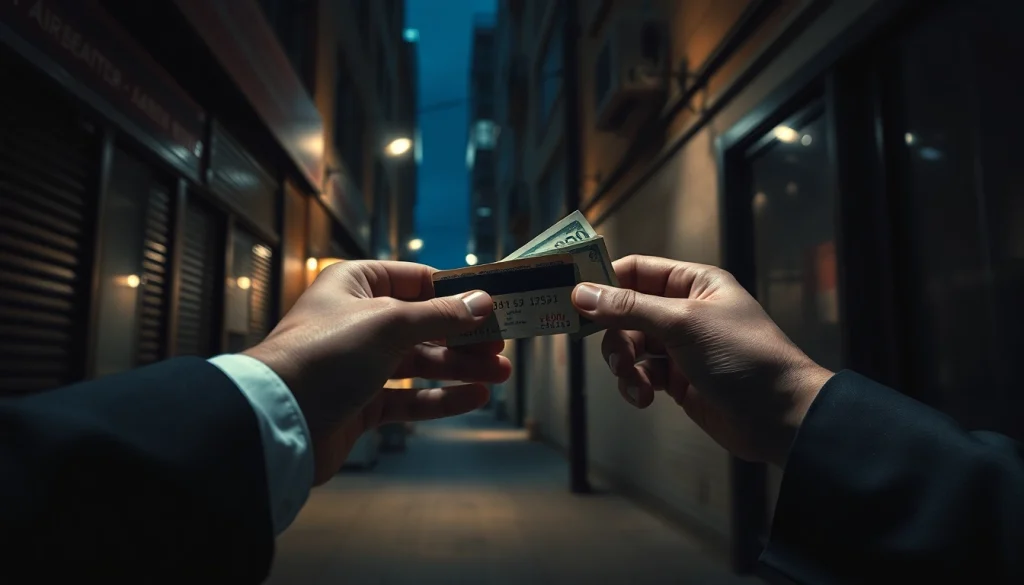 카드깡에서 현금을 주고받는 손과 신용카드 모습