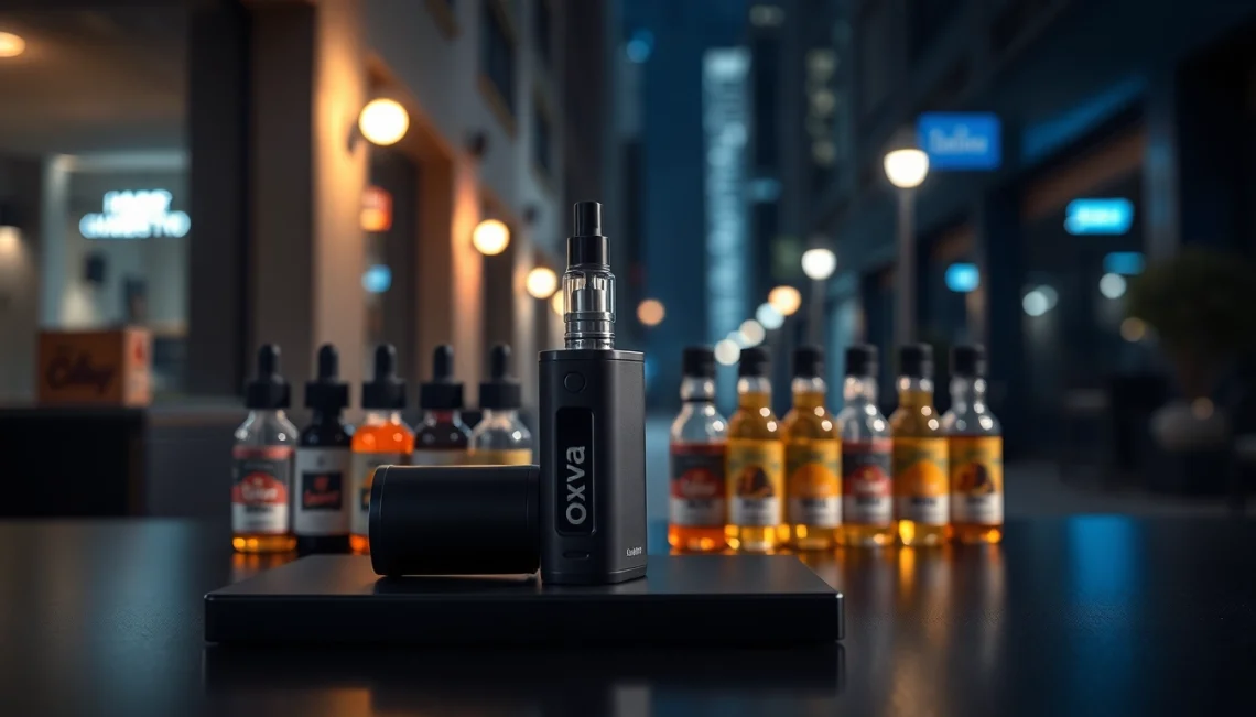 Oxva Vape-Gerät in stilvollem Design mit verschiedenen Aroma-Flaschen