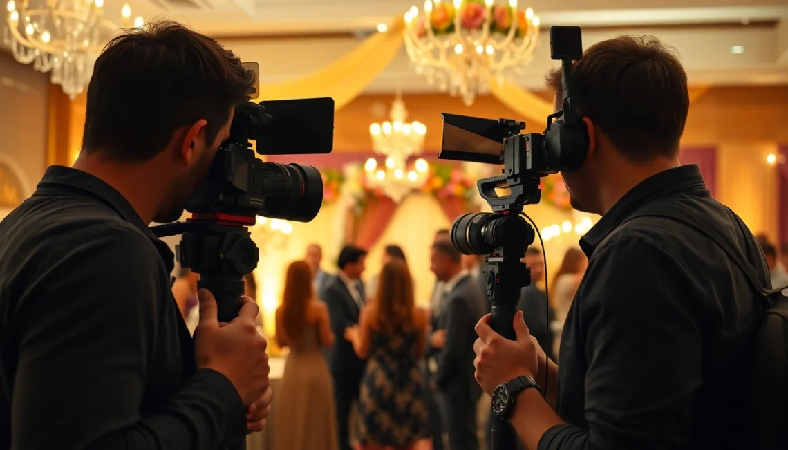 Document videographers providing event videography services at a festive celebration, showcasing joyful moments and professional setup.