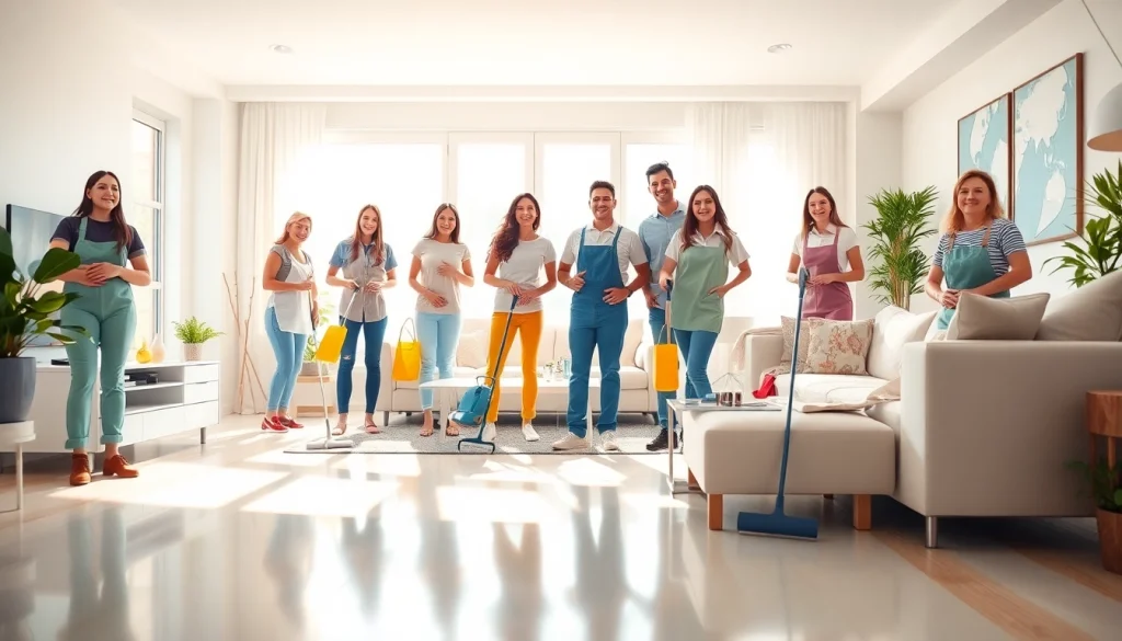 Cleaning Service professionals efficiently organizing a bright living room for clients.