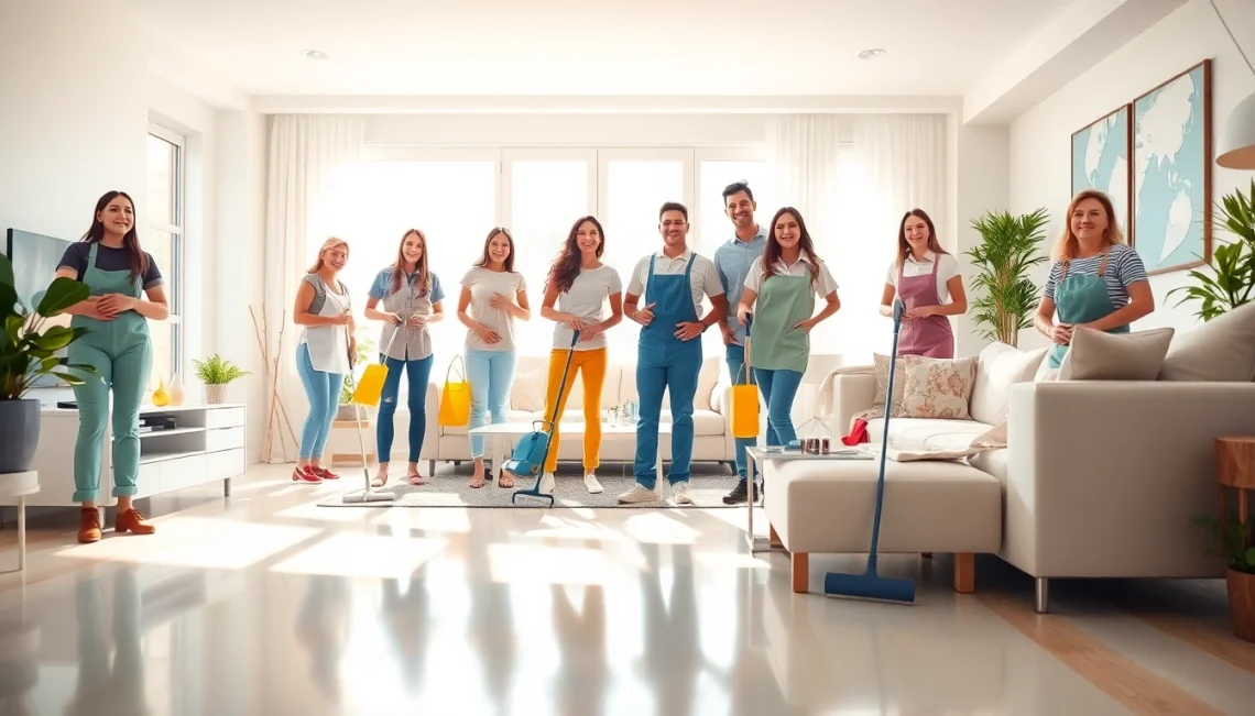 Cleaning Service professionals efficiently organizing a bright living room for clients.