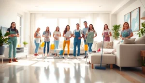 Cleaning Service professionals efficiently organizing a bright living room for clients.