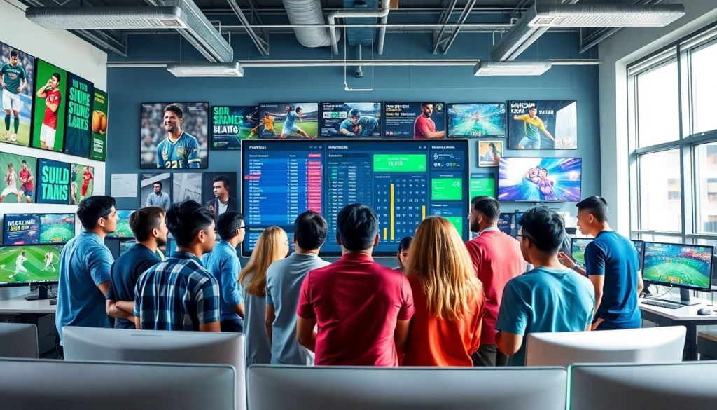 Group analyzing sports betting sites India data in a vibrant office environment.