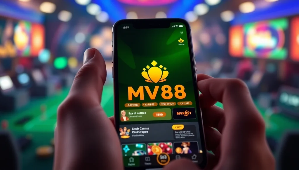 MV88 mobile app interface showing vibrant promotions and USDT features.