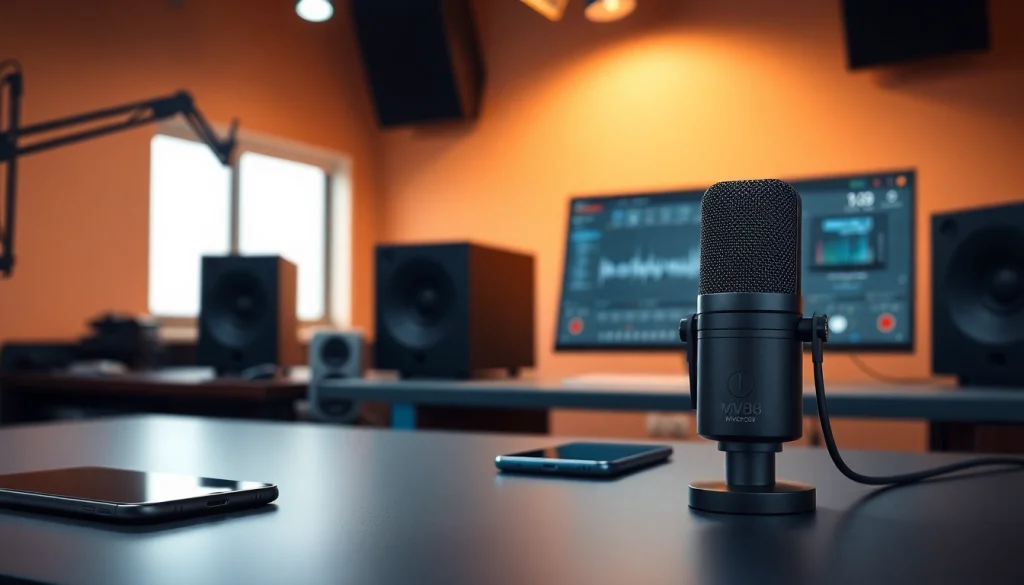MV88 microphone showcased in a professional studio setting with an iPhone and digital audio interface.