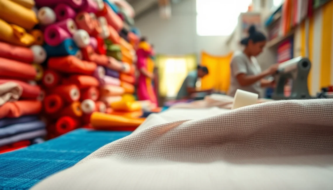 Katoen stof in een kleurrijke textielwerkplaats met vakmensen aan het werk.
