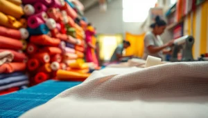 Katoen stof in een kleurrijke textielwerkplaats met vakmensen aan het werk.