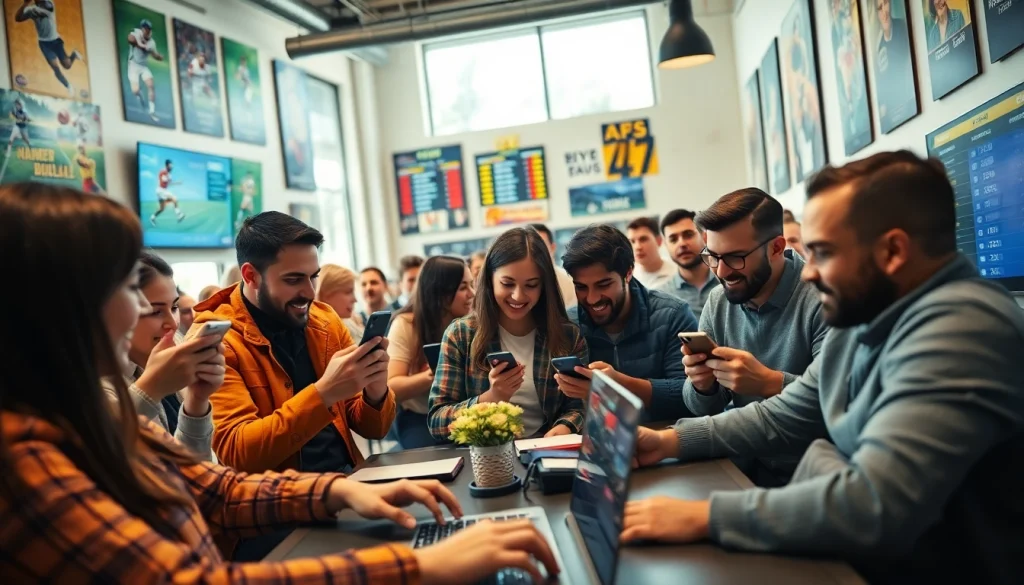 Engaging scene at sports betting sites India with bettors using mobile devices and sports memorabilia.