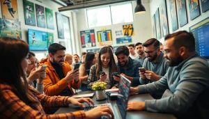 Engaging scene at sports betting sites India with bettors using mobile devices and sports memorabilia.