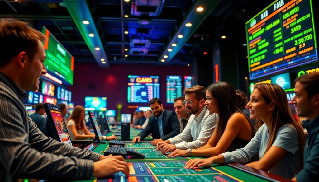 Discover the best sports betting sites in Brazil through an engaging casino scene filled with enthusiastic bettors.