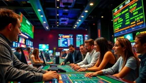 Discover the best sports betting sites in Brazil through an engaging casino scene filled with enthusiastic bettors.