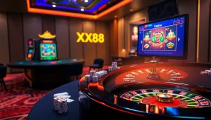 Luxurious online gambling scene featuring XX88 poker chips and a vibrant slot machine.