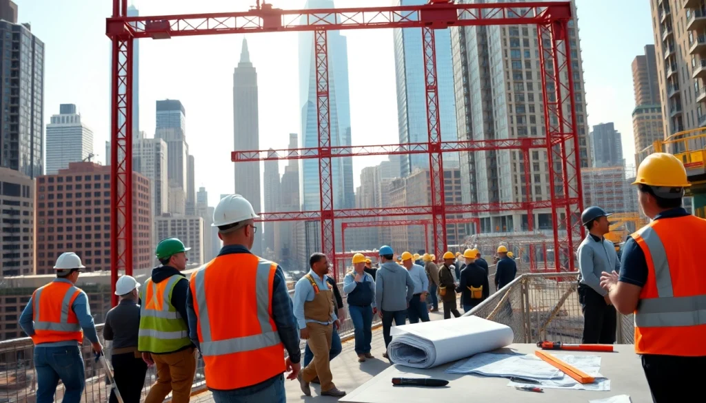 Manhattan General Contractor overseeing a construction project in an urban NYC environment, showcasing collaboration.