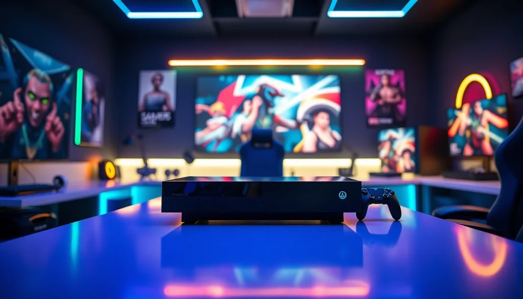 Showcase the TV88 gaming console in an energized gaming environment with modern accessories.