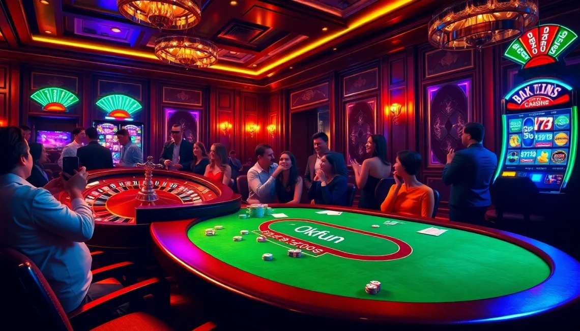 Okfun offers an exhilarating poker table action amid a glamorous casino setting.