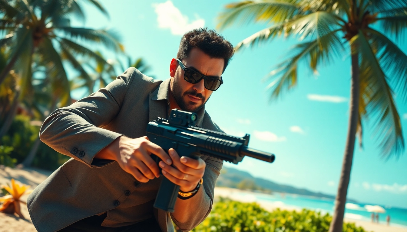 Action-packed moment from Aloha and Bullets with Leroy Silver amidst vibrant Hawaiian scenery.