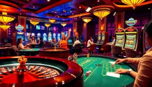 Experience the excitement of gambling at https://mm88.press/ with players celebrating their wins at a vibrant casino scene.