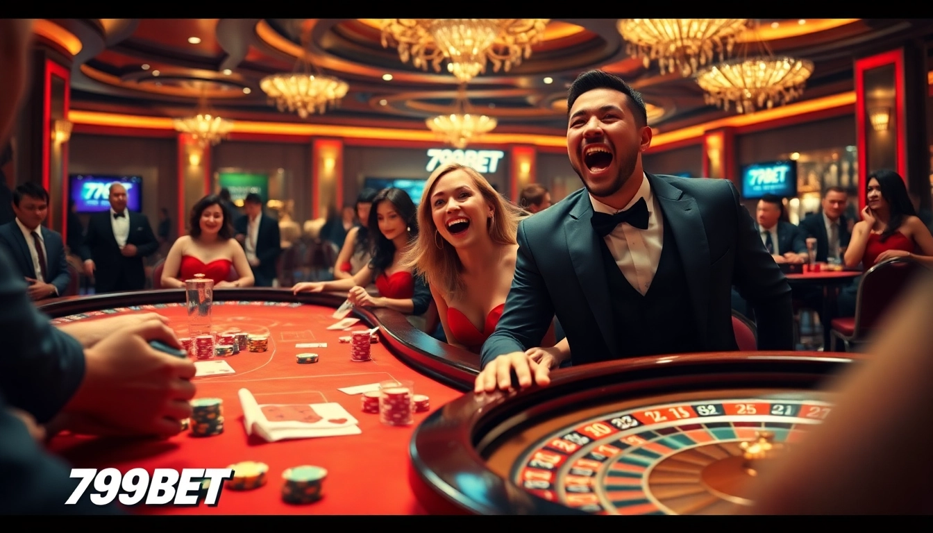 Players enjoy exciting moments at 789BET's vibrant casino tables with colorful chips and cards.