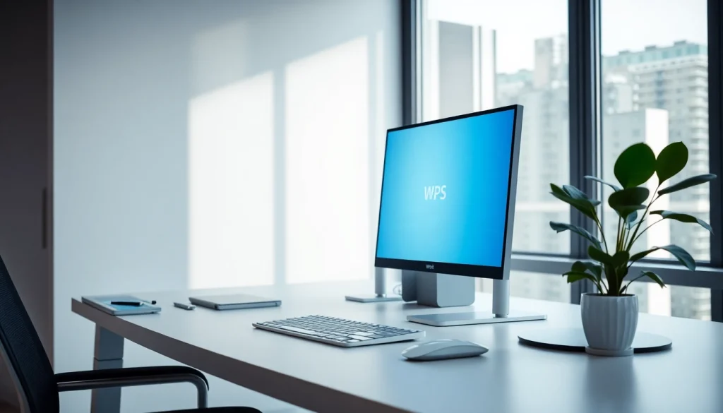 Modern office workspace featuring WPS官网 on a sleek desktop computer, promoting productivity.