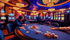 Experience the thrill of gambling at a luxe casino with lc88 blue elements and excited players.