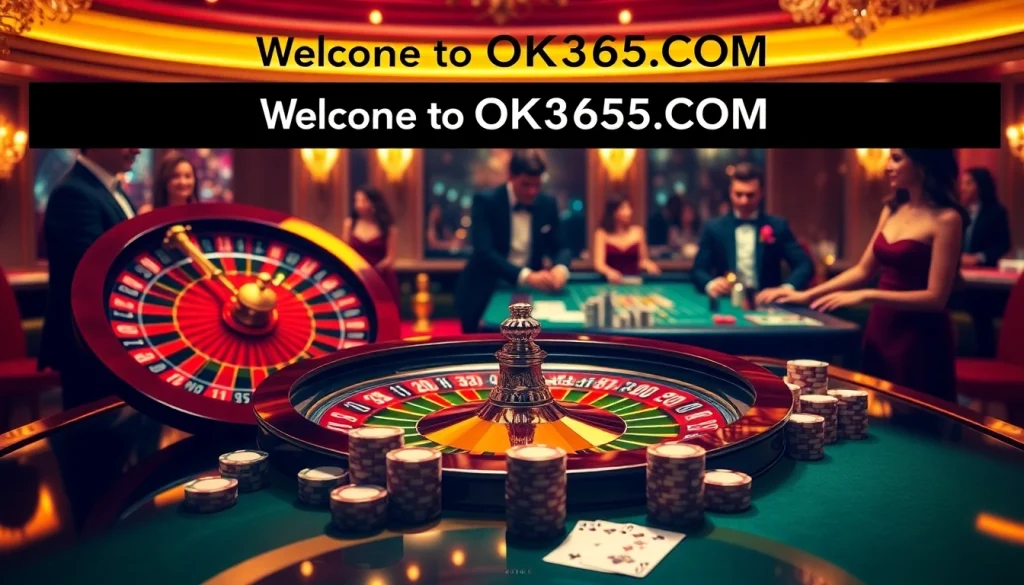 Experience thrilling gaming action at OK365LV.COM with exciting casino tables and vibrant poker chips.