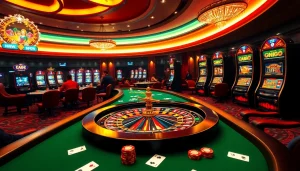 S8 players enjoying a thrilling casino experience with roulette, poker tables, and vibrant slot machines.