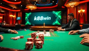 K88win players engaging in a captivating poker game at a luxurious casino table.