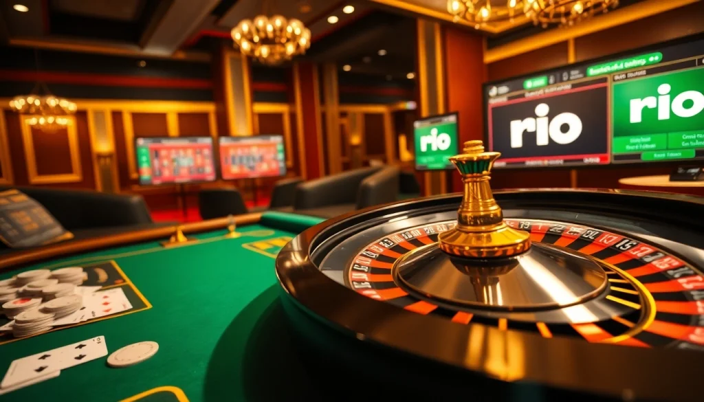 Engaging scene of a luxurious rio-themed casino with vibrant tables, dice, and roulette wheel.