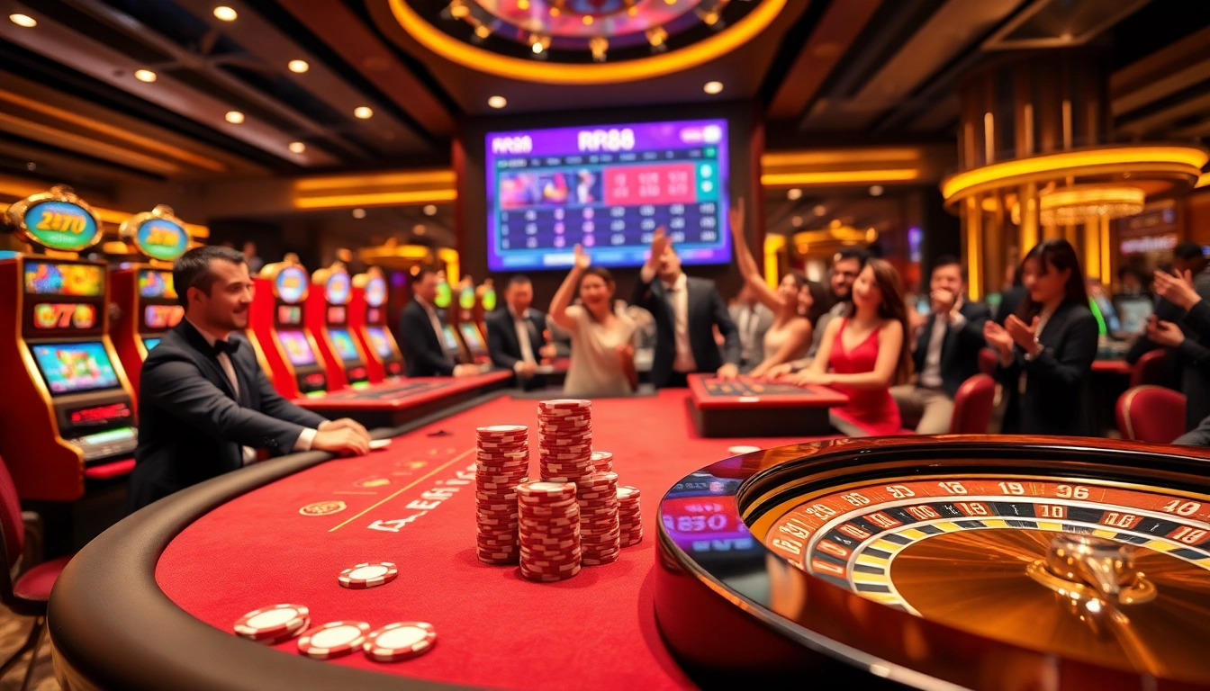 Players enjoying an exciting game at Nhà cái RR88 casino with professional dealers and vibrant decor.