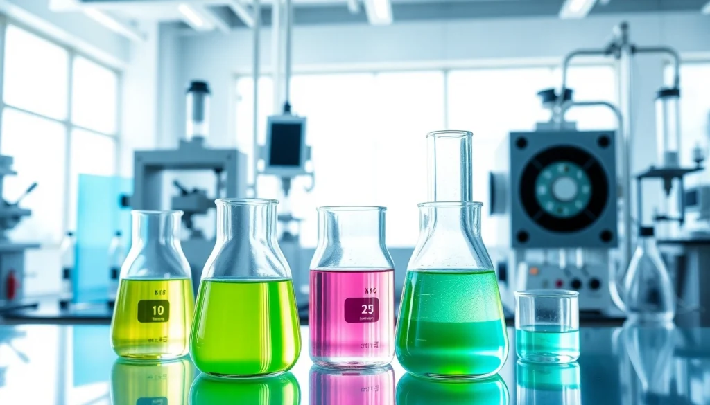 Laboratory showcases the production of an industrial sweetener with colorful liquids in glass beakers.