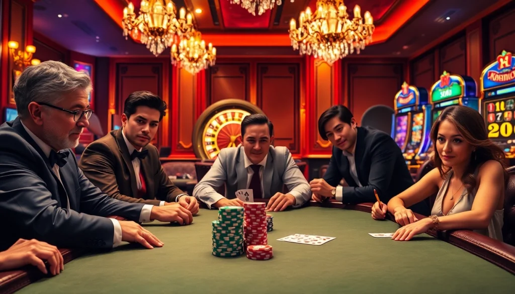 Exciting casino scene with players at Hi88 poker table, vibrant poker chips and cards.