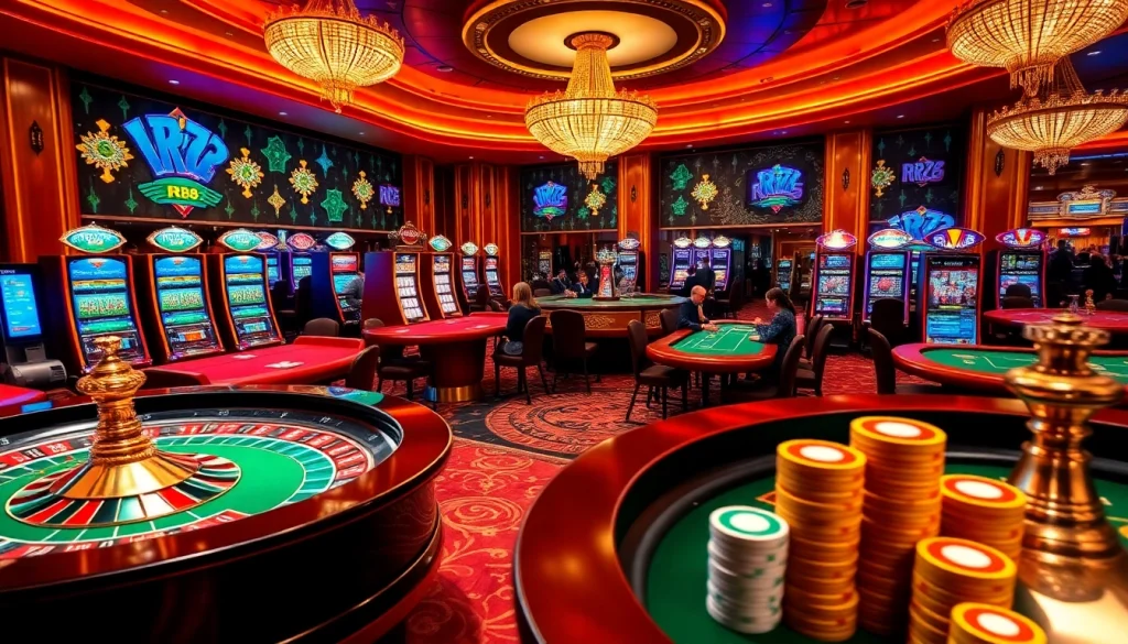 Exciting gaming action at RR88 com with roulette and poker tables showcasing vibrant colors and luxury.
