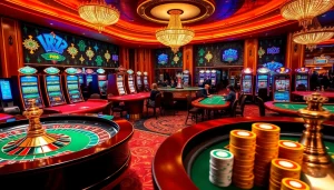 Exciting gaming action at RR88 com with roulette and poker tables showcasing vibrant colors and luxury.