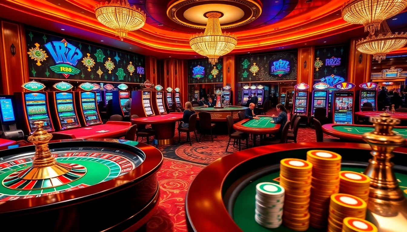 Exciting gaming action at RR88 com with roulette and poker tables showcasing vibrant colors and luxury.