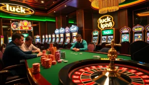 Players enjoying high-stakes poker at luck8 casino, surrounded by vibrant colors and luxury.