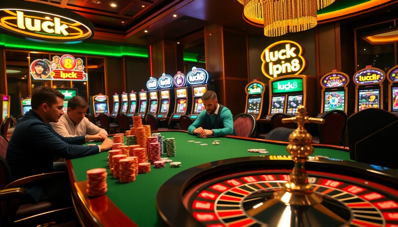 Players enjoying high-stakes poker at luck8 casino, surrounded by vibrant colors and luxury.
