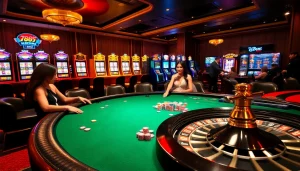 Experience thrilling gameplay at 788F nhà cái with vibrant poker tables and spinning roulette wheels.