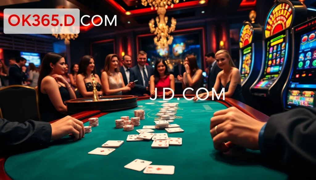 Experience the excitement of online gaming at OK365KD.COM with poker chips and a roulette wheel.