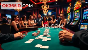 Experience the excitement of online gaming at OK365KD.COM with poker chips and a roulette wheel.