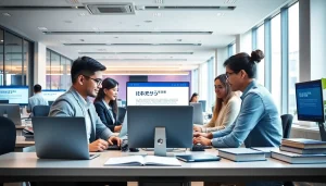Team collaborating on 有道翻译 in a modern translation office.