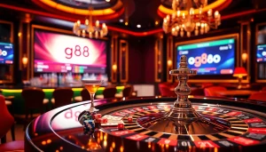A lively gambling scene at nhà cái gg88 featuring roulette tables, poker chips, and betting screens in a luxurious casino setting.