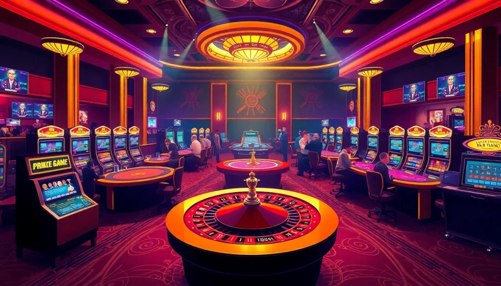 Engaging scene of an exciting casino showcasing vibrant games like poker and slots, emphasizing 789bet link mới.