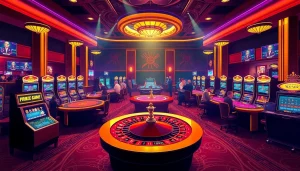 Engaging scene of an exciting casino showcasing vibrant games like poker and slots, emphasizing 789bet link mới.