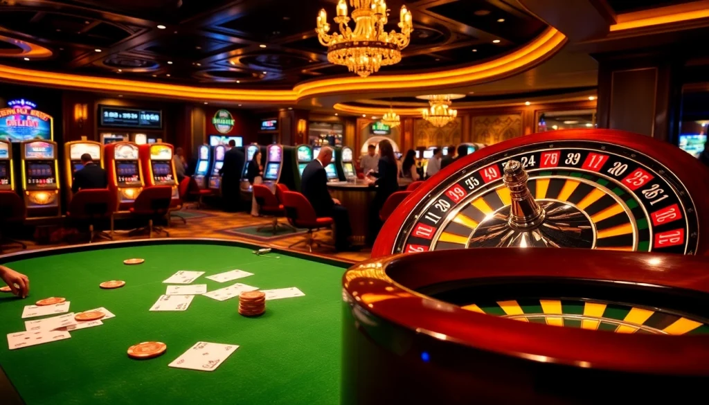 Thrilling THABET casino action featuring poker chips and roulette wheel amidst a luxury gambling environment.