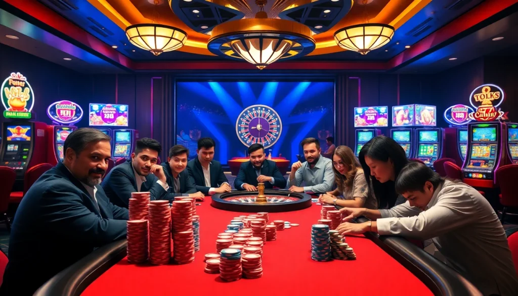 Players enjoying a thrilling poker game at MM88, showcasing intensity and excitement in a vibrant casino scene.